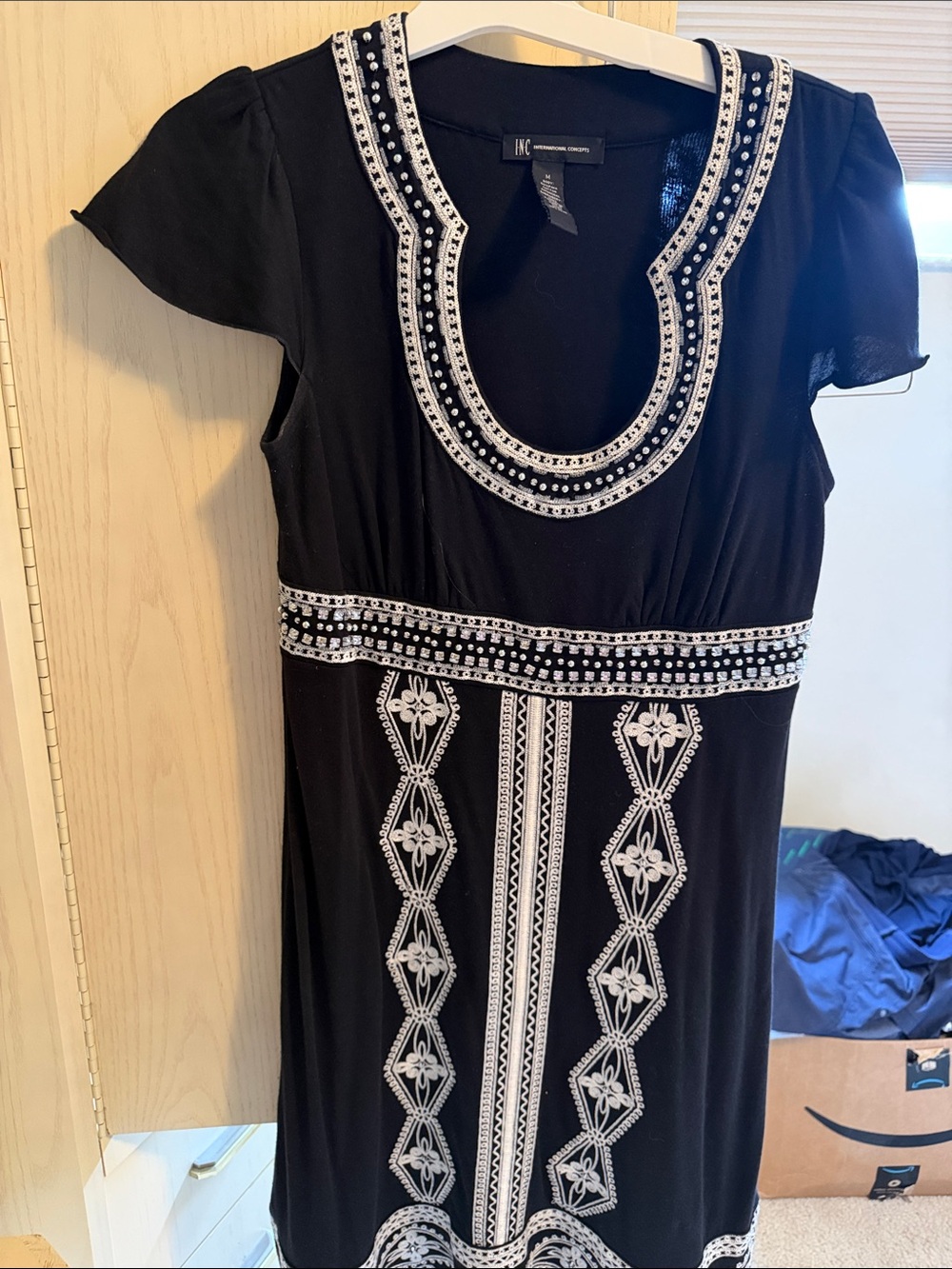INC International Concepts Black Dress with White Embroidery